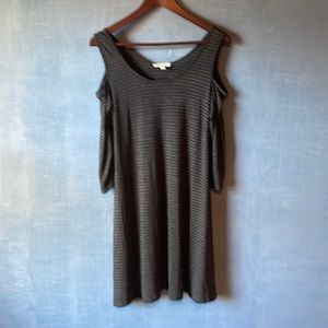 Cut out shoulder long sleeve dress. Charcoal grey with black stripe.